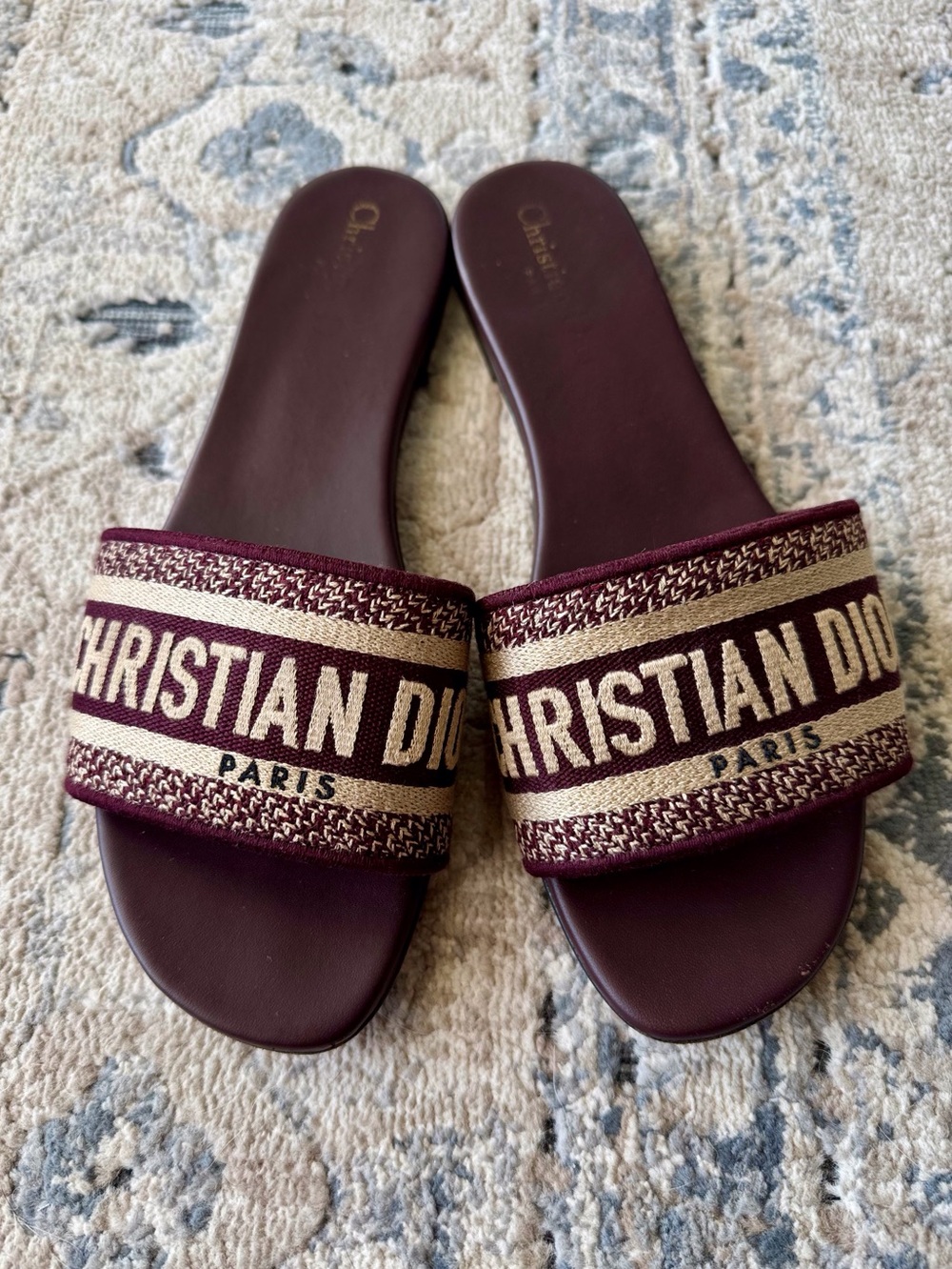 Dior Dway Burgundy and Beige Logo Slide Sandals 39.5